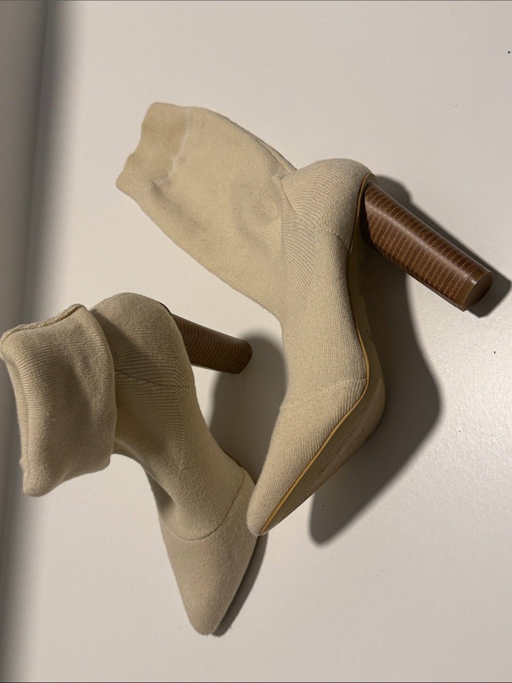 Knit Sock Heeled Boots in Cream with Wood-Effect Block Heel